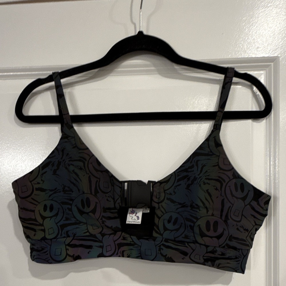 iHeartRaves Womens Rave Crop Top Buckle Front Smiley Print Festival Y2K EDM